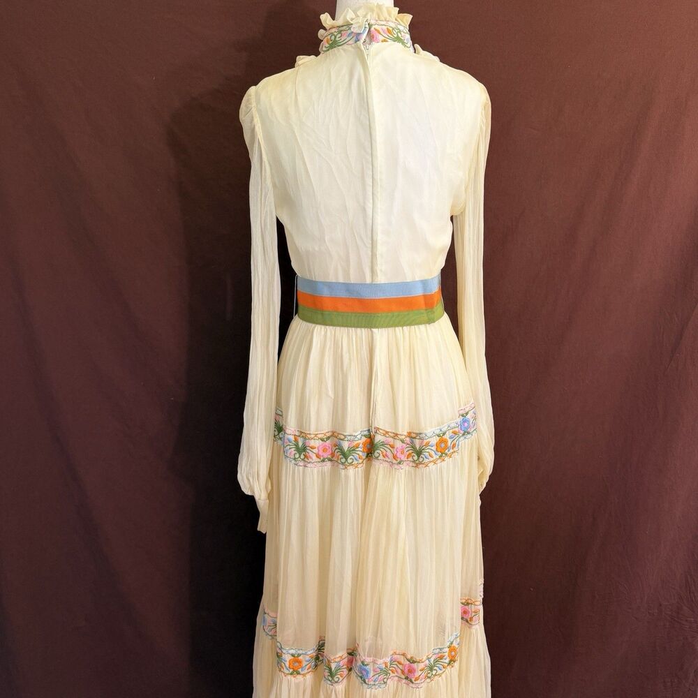 Vintage Prairie Maxi Dress S Embroidered Floral Sheer Sleeves Boho Cottagecore - Picture 8 of 13